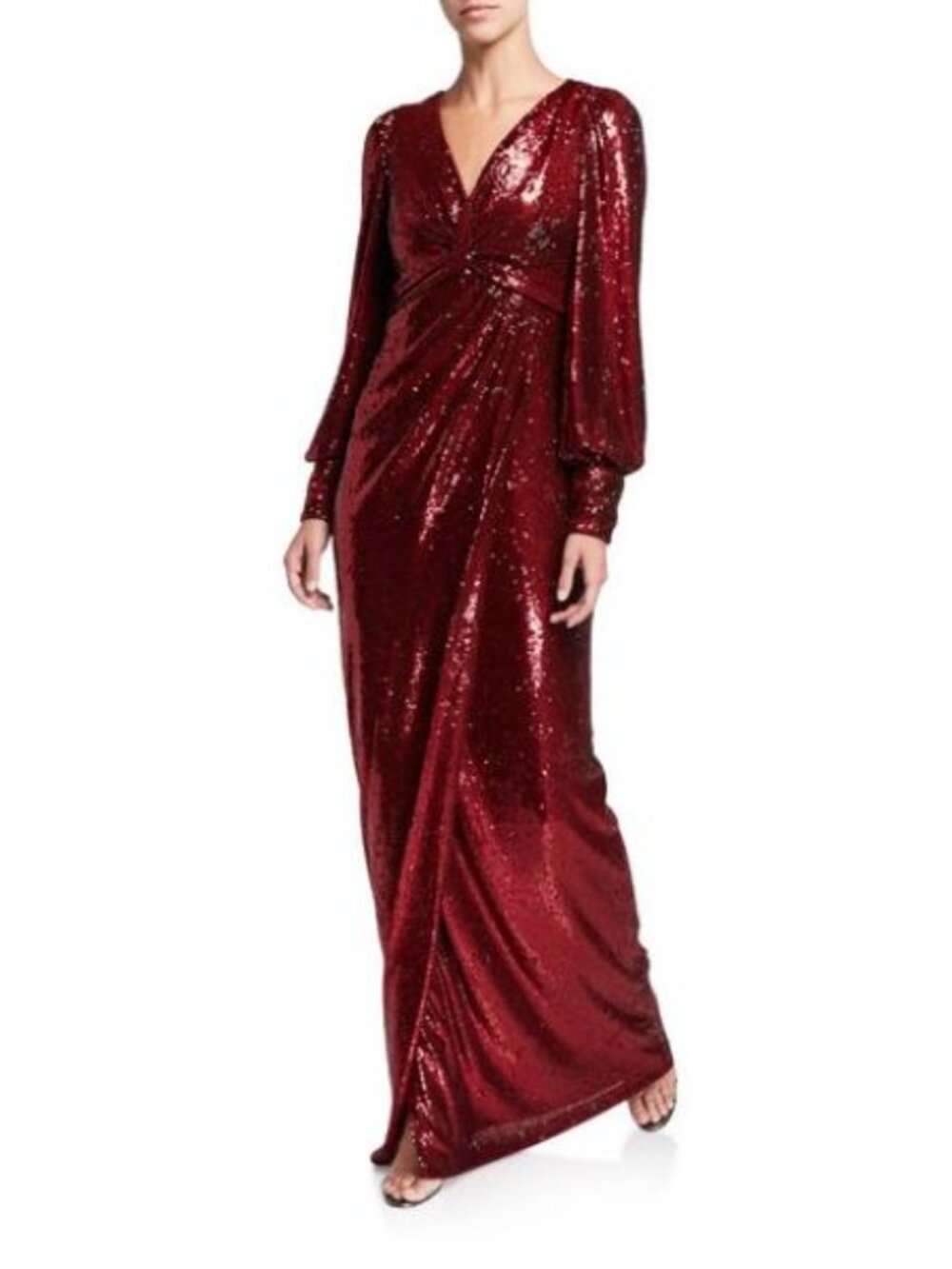 TERI JON 18 sparkling RED SEQUIN TWIST FRONT DRAPED GOWN Long Sleeve Maxi Dress